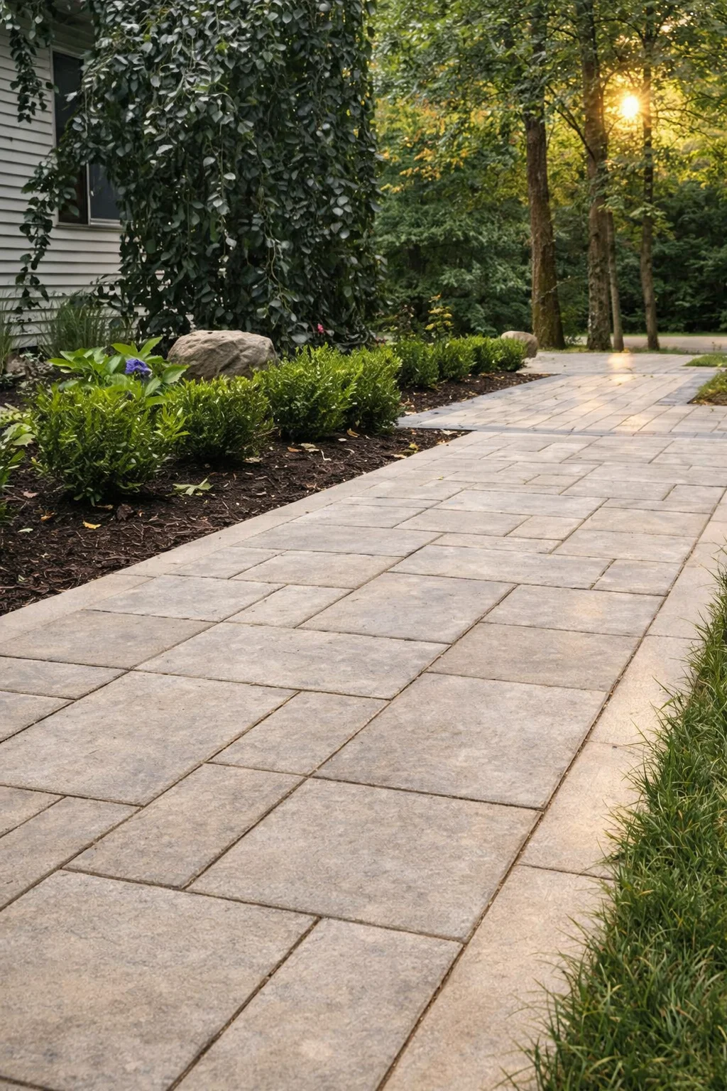 Beautifully lit evening walkway designed and built by Bollman Landscape