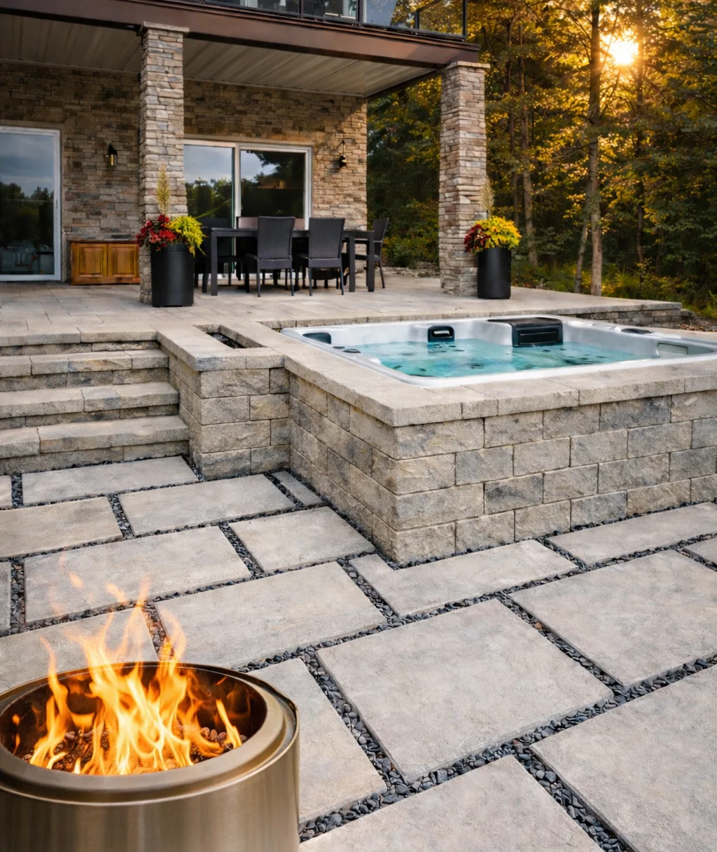 Hot tub and fire feature outdoor living space by Bollman Landscape