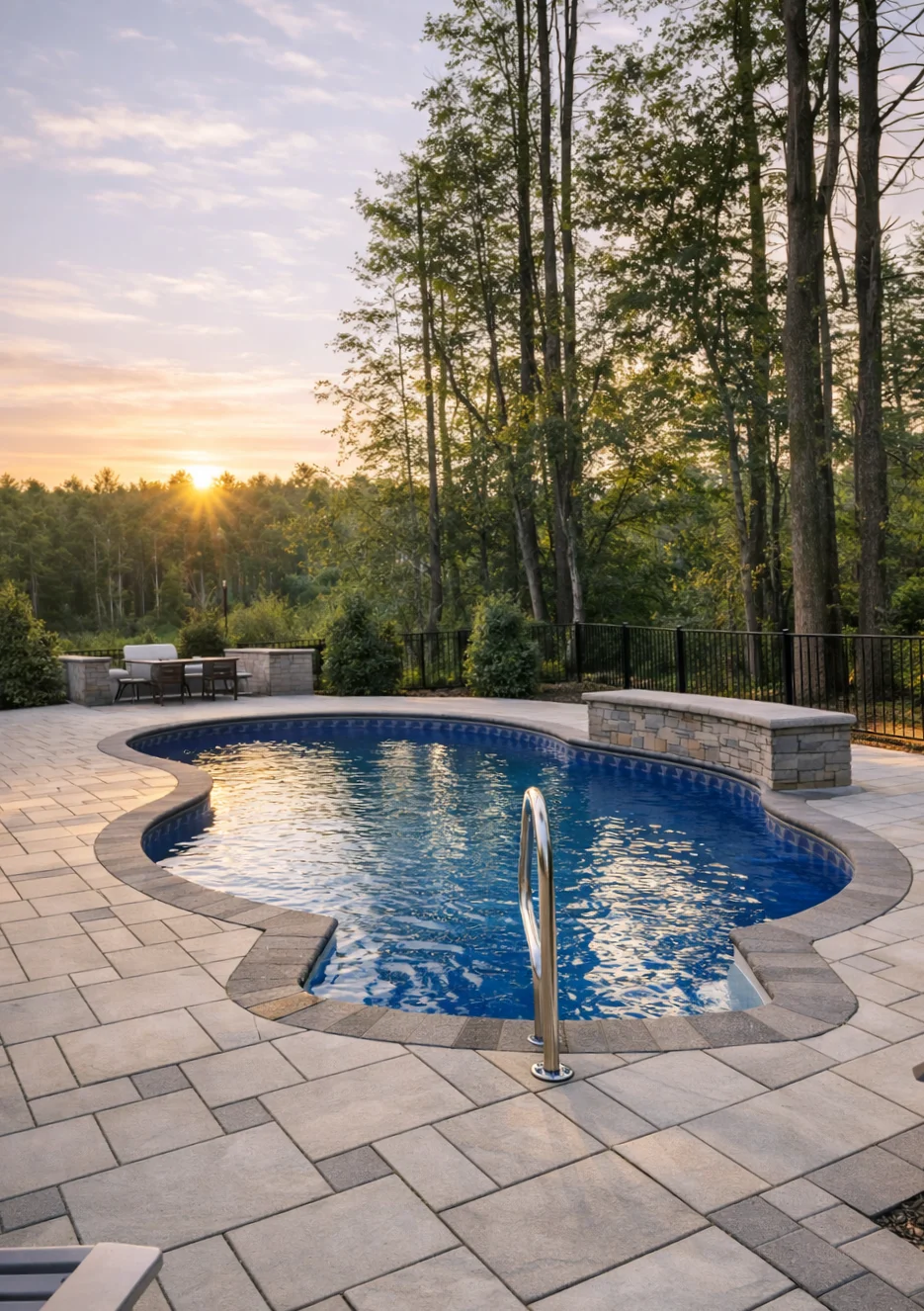 Premium pool and hardscape patio at golden hour designed and built by Bollman Landscape in the Piedmont Triad