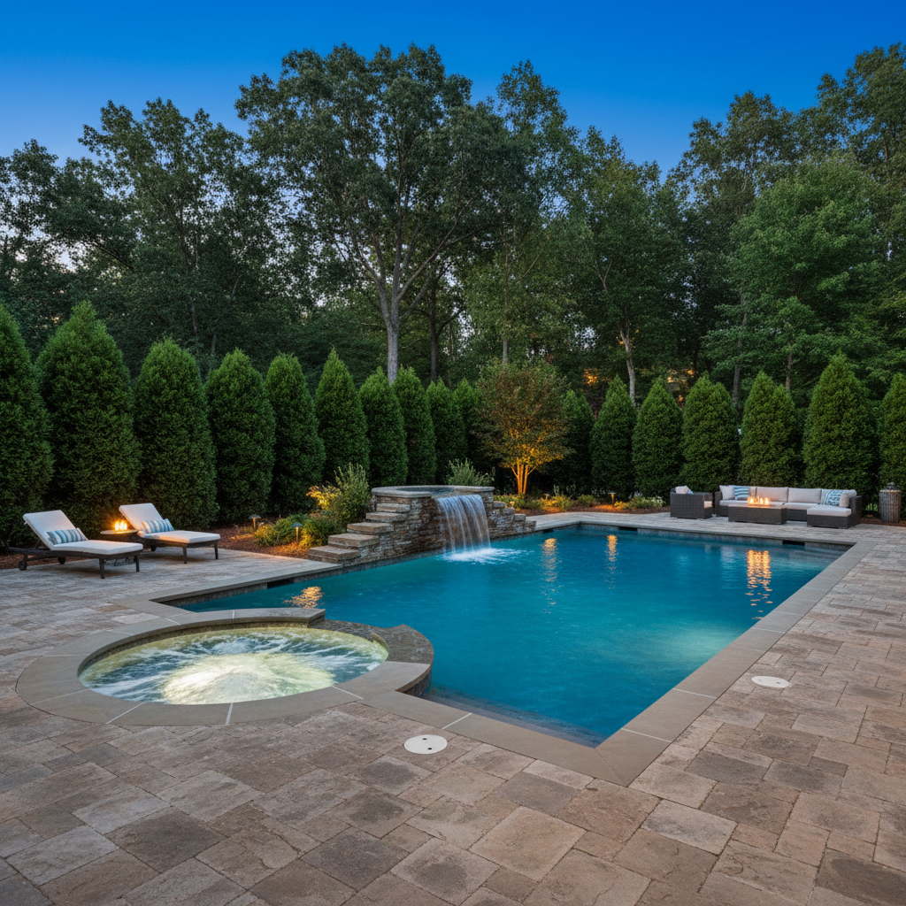 Inground fiberglass pool with custom paver surround in Winston-Salem NC