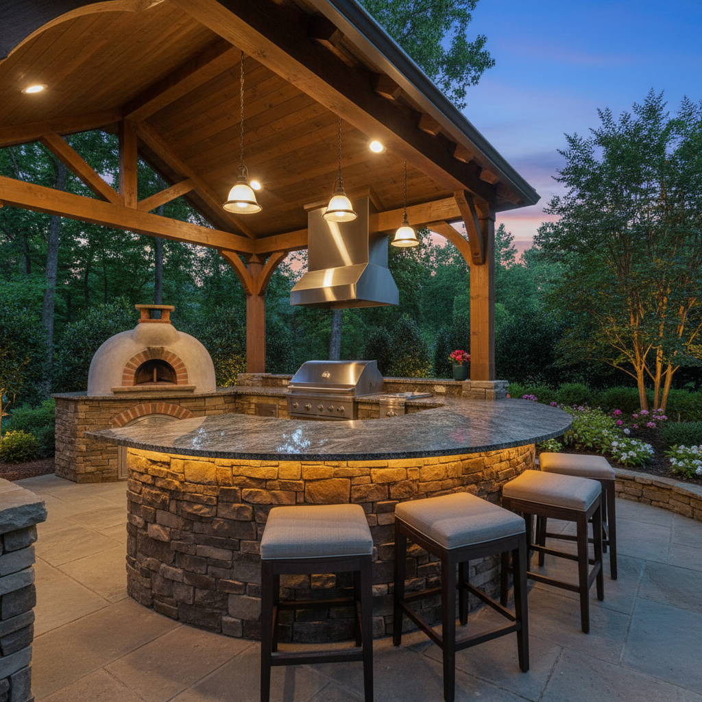 Professional outdoor kitchen with stone countertops and built-in grill