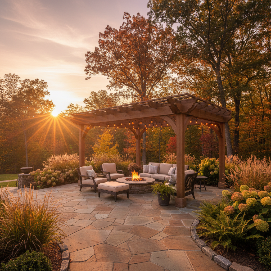 Custom outdoor living space with paver patio and pergola in Greensboro NC