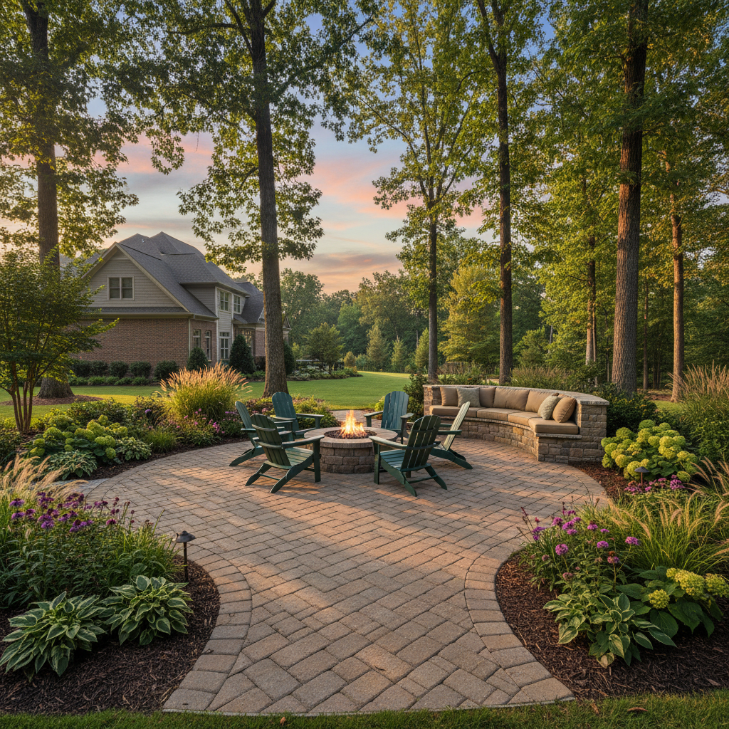 Custom paver patio design with fire pit and seating area in Kernersville NC
